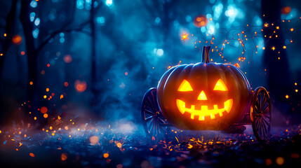 Glowing jack-o'-lantern pumpkin carriage in mystical forest setting with eerie blue mist and floating embers, creating a magical Halloween ambiance.