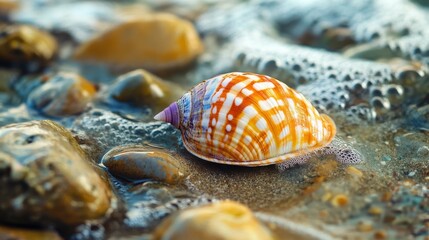 Close-up of tiny colorful seashell, tropical Panamanian beach.