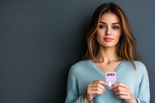 Woman Holding DHEA Supplement in Blue Sweater Against Dark Gray Wall - Health and Wellness Stock Image