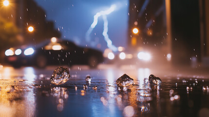 Raindrops on wet street with cars and lightning in background.