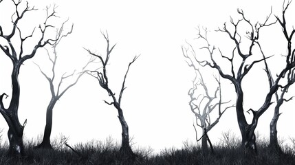 Fototapeta premium Haunted Forest with Crooked Trees Isolated on White Background - Eerie Wilderness Atmosphere