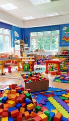 Colorful Preschool Classroom with Foam Block Construction Station for Teamwork and Creativity
