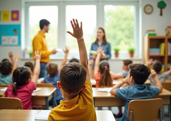 Engaged Students in a Classroom, Actively Raising Hands to Participate in Learning: A Scene of Education Encouraging Academic Enthusiasm