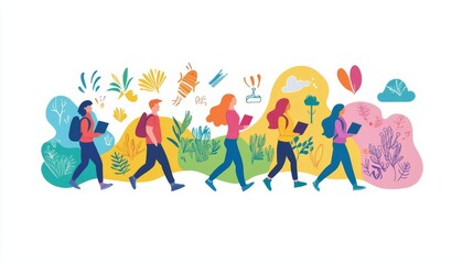 Fototapeta premium Colorful illustration of people walking in nature, engaged with books, showcasing learning and exploration in a vibrant environment.