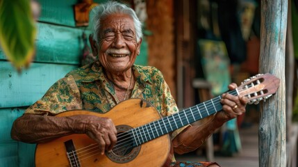 Obraz premium Old man with a kind smile, playing a guitar on a rustic porch