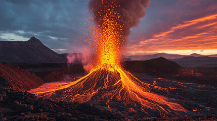Fototapeta premium Erupting Volcano with Lava Flow and Sunset Sky
