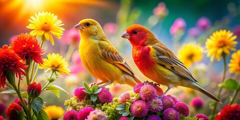 Fototapeta premium Vibrant Canaries Among Colorful Flowers in High Dynamic Range