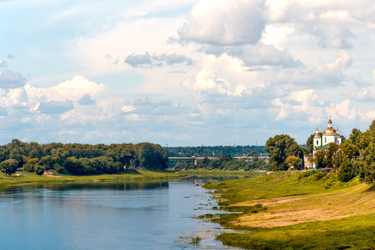 Western Dvina river in the city of Polotsk Belarus with a church on the bank