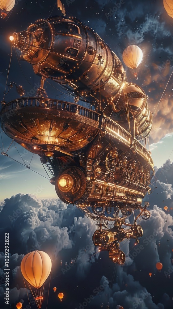 Sticker Steampunk airship adorned with brass and gears, soaring amidst balloon-lit skies, 4K hyperrealistic photo