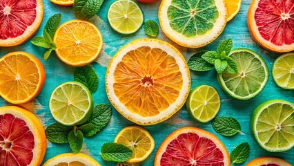 Fototapeta premium Vibrant Citrus and Mint Pattern on Turquoise Background - Fresh and Colorful Food Photography