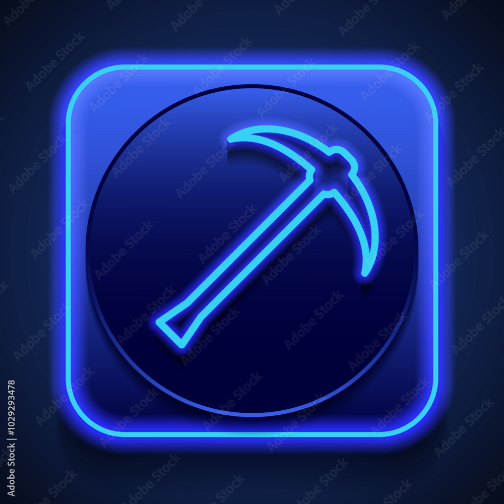 Poster pickaxe simple icon. flat design. blue neon style on button. with shadow