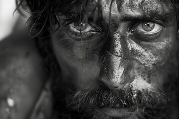 A man's face covered in dirt and sweat, capturing a powerful and intense expression, conveys raw emotion and resilience, the depth of human experience.