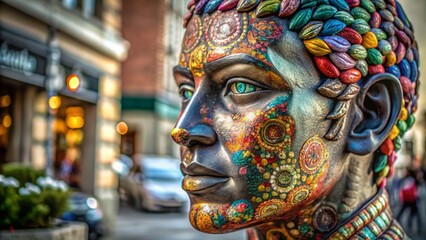 Obraz premium Vibrant Colored Sculpture Head in Tilt-Shift Photography Style for Unique Art Perspectives