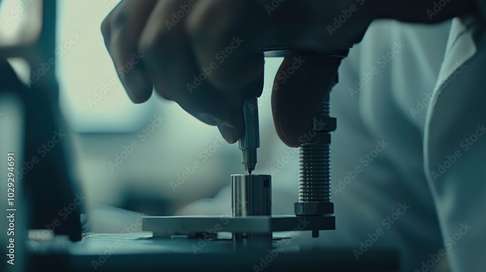 Poster Close-up of a Scientist's Hand Using a Tool to Press a Small Object into a Metal Fixture
