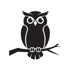 Owl silhouette, cartoon cute owl sitting on branch, kids owl artwork isolated on white background