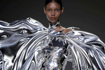 Beautiful fashion model in silver chrome dress surreal concept