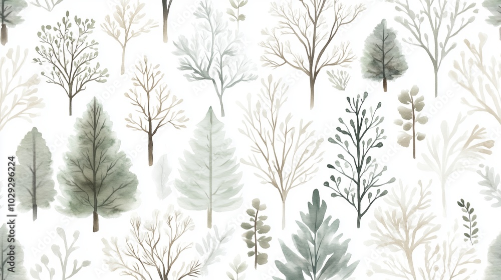 Poster delicate watercolor patterns featuring various trees and branches in muted green and gray shades on 