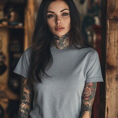 Tattoos, woman, grey shirt.