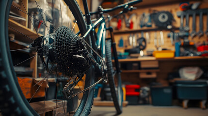 A bicycle mechanic repairing a mountain bike in a garage with various tools hanging on the walls.
