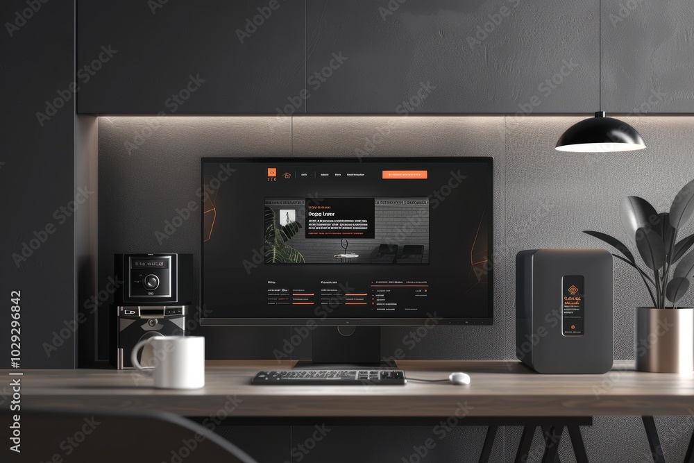Poster modern workspace with elegant computer setup for professional product flyer design