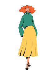Fashion woman wearing romantic style clothes. Elegant redhead young lady full length standing in a skirt and sweater. Fashionable beautiful female person in a stylish modern outfit vector illustration