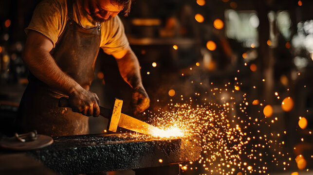 A blacksmith forging a sword in a fiery workshop sparks flying from the anvil.