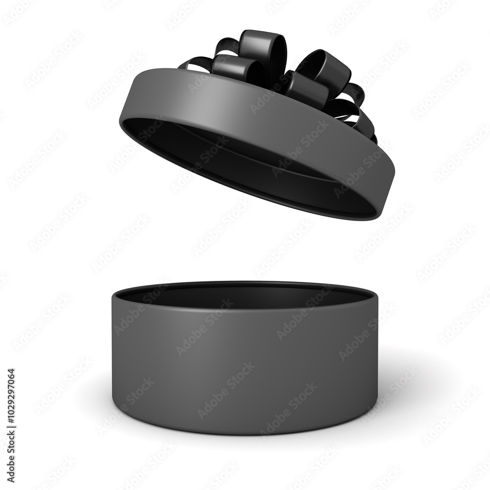 Poster Blank black minimal round present box products mock up open with black ribbon and bow or opening blank cylinder gift box isolated over white background with shadow creative idea concepts 3D rendering