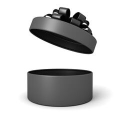 Blank black minimal round present box products mock up open with black ribbon and bow or opening blank cylinder gift box isolated over white background with shadow creative idea concepts 3D rendering