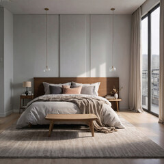 Minimalist Bedroom with Warm Wooden Accents, Cozy Bedding, and Large Windows for Natural Light