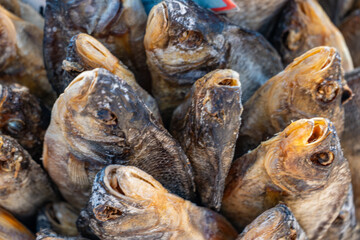 City market. Fish Pavilion. Dried roach - vobla. 08.10.2024. Riga. Latvia.