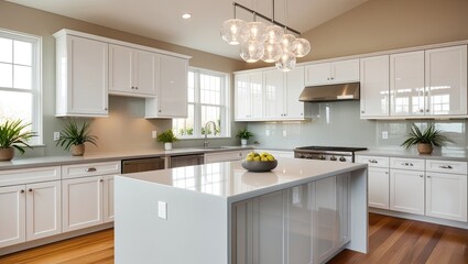 Kitchen and dining room interior with light colors aqua blue hardwood flooring grey chairs bar stools kitchen island stainless appliances and large windows

