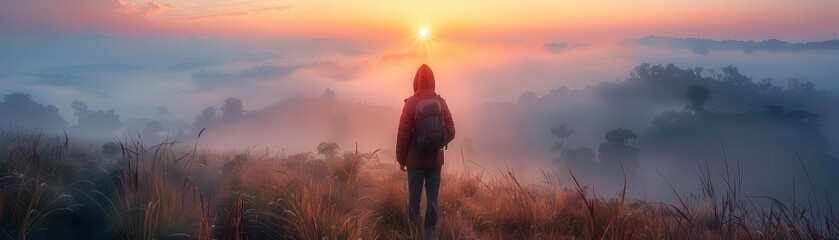 Photographer capturing the first light of dawn over a misty landscape