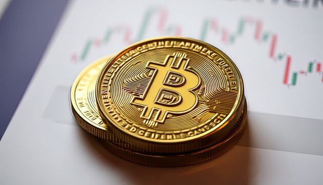 Monedas de bitcoins dorados con un fondo borroso de gr&aacute;ficos de precios, que ilustra el comercio y la inversi&oacute;n en criptodivisas.