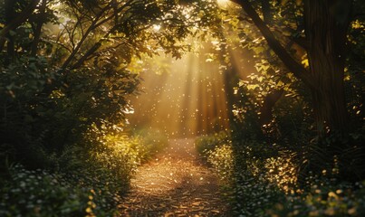 Fototapeta premium Sunlit pathway through a dense forest with dappled sunlight, 4K hyperrealistic photo