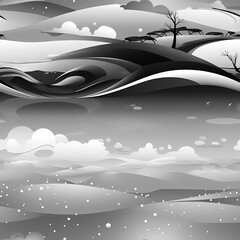 Seamless Fantasy Landscape Pattern with Mountains and Clouds