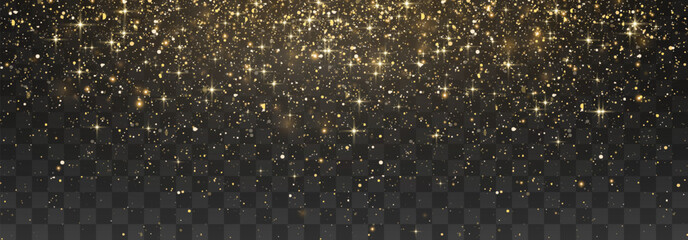 Glitter gold particles shine effect on transparent background. Vector gold glitter particles effect and texture. Stardust amber particles color on png background. Golden explosion of confetti