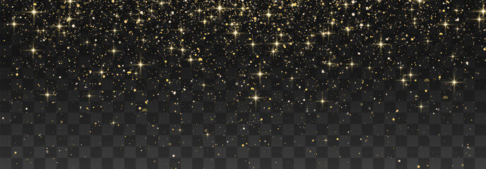 Glitter gold particles shine effect on transparent background. Vector gold glitter particles effect and texture. Stardust amber particles color on png background. Golden explosion of confetti