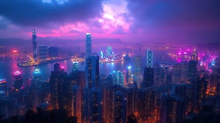 Fototapeta premium futuristic neon cityscape illuminated by colorful lights in a dynamic night panorama showcasing highrise buildings and a bustling metropolis that embodies the energy of a vibrant urban life