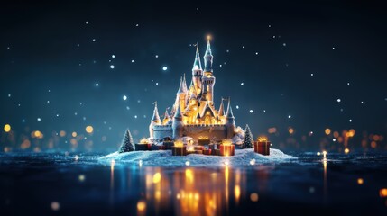Obraz premium Beautiful magical ice castle. Romantic winter background for greeting card poster design.
