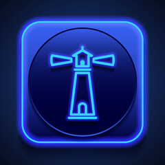 Lighthouse simple icon. Flat design. Blue neon style on button. With shadow