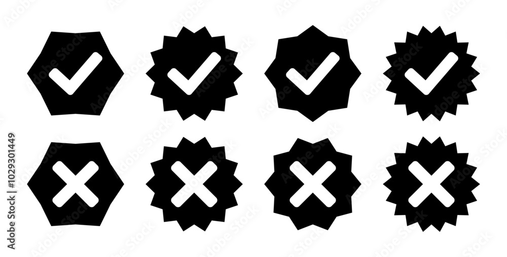 Leinwandbilder right wrong badge set in zig zag circle in black and white color vector illustration. check mark ico