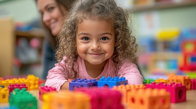 girl in a pink shirt engaged in playful learning with colorful blocks at a table alongside a woman observing creating a warm nurturing environment filled with creativity and joy