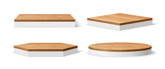 3d realistic white podium stage with wooden floor plates. Isolated vector geometric platforms or pedestals with polished wood top. Round, hexagonal and square exhibit stands for product presentation © Buch&Bee
