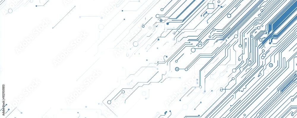 Poster blue circuit lines on a white background depicting a technology and connection concept generative ai