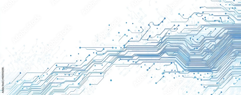 Poster blue circuit lines on a white background depicting a technology and connection concept generative ai