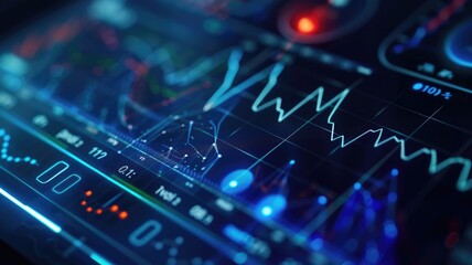 Futuristic financial data analytics interface with glowing graphs and charts for technology design