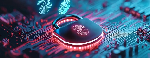 A digital lock surrounded by virtual lights on an electronic circuit board, symbolizing security and data protection in cyberspace, with holographic fingerprint symbols floating above the padlock.