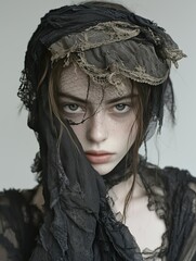 une femme habill&eacute;e en noir qui regarde l'objectif