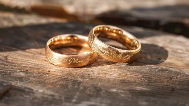 Two Gold Wedding Bands with Engraved Names on a Wooden Surface