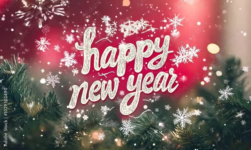 Poster a red background with snowflakes and a tree with the words happy new year written on it